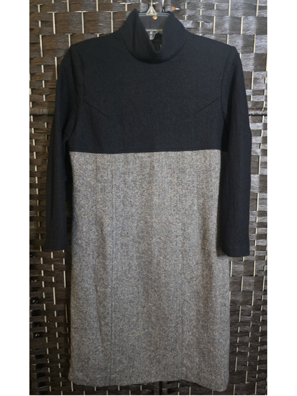Vintage 70s The Red Eye Mock Neck Shift Dress Black Gray Tweed Women's Size 13